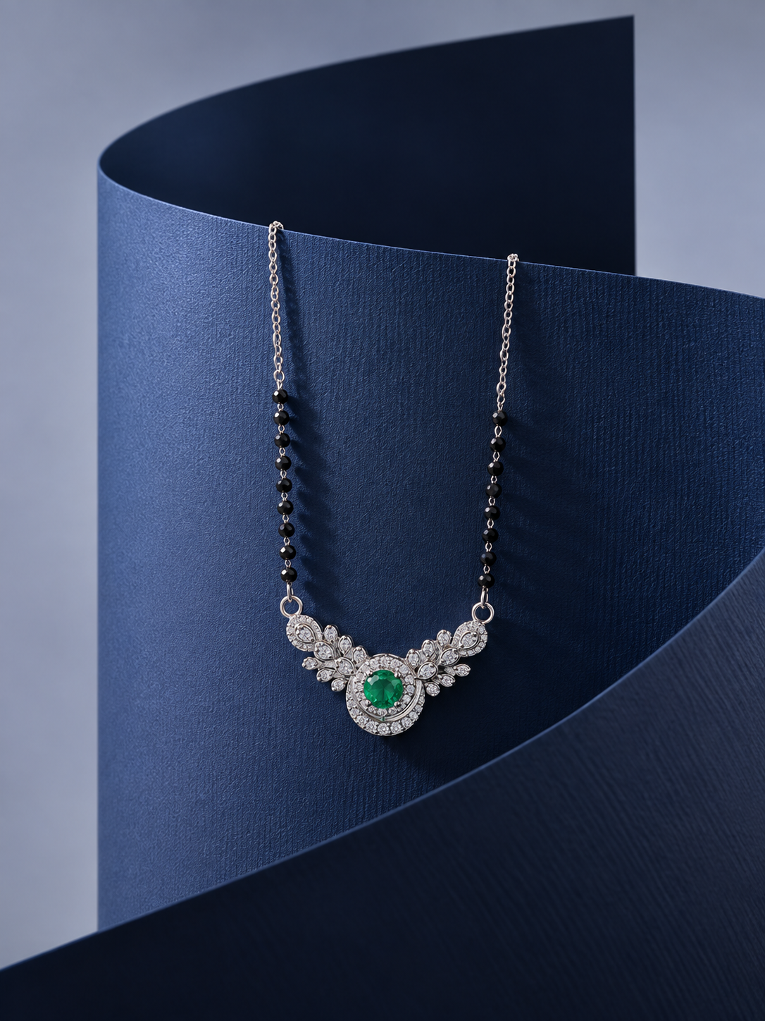 Black Beaded Green Stone Floral Mangal Sutra