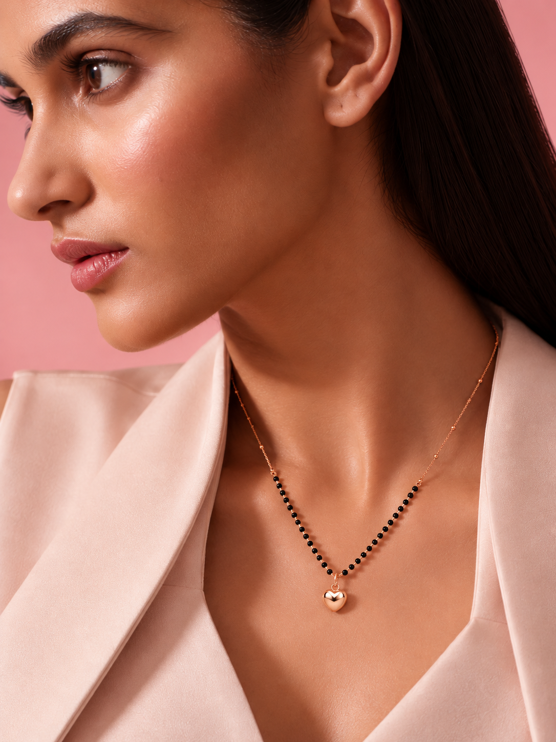 Elegant Rose Gold Heart Pendant Black Beads Mangalsutra for Women