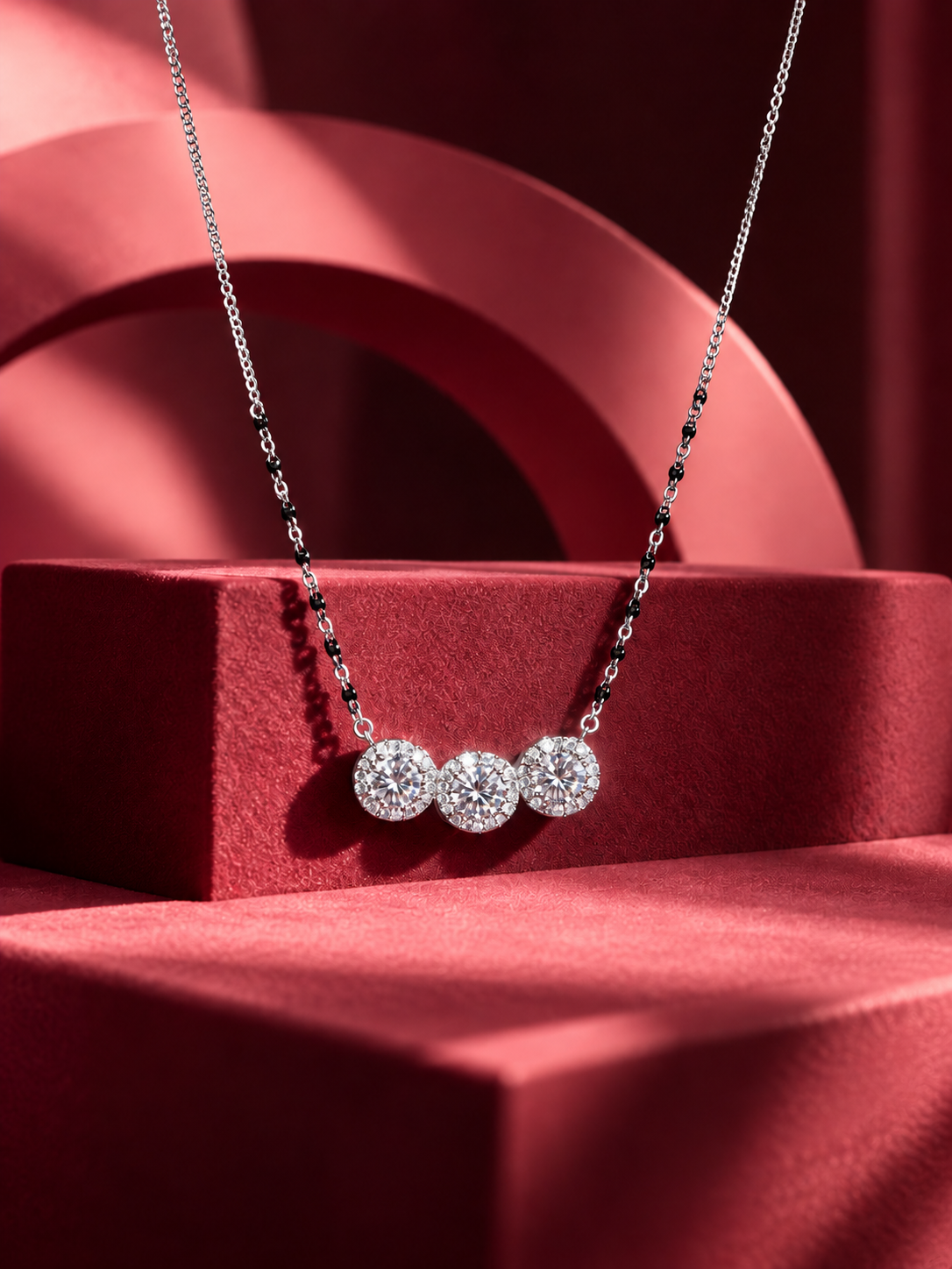 Elegant Silver Tone Triple Hexagon Diamond Look Black Beads Mangalsutra for Women