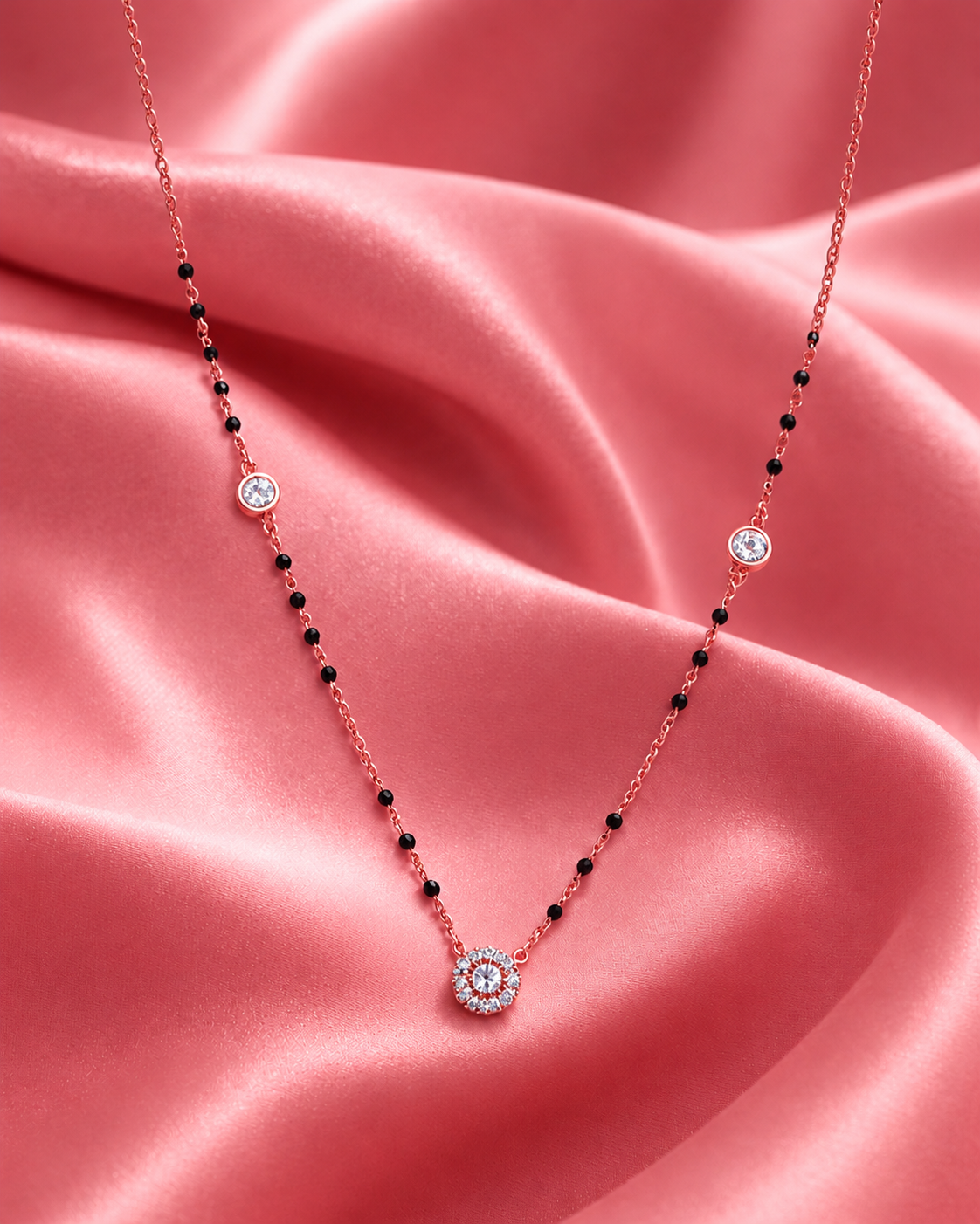 Elegant Rose Gold Floral Crystal Black Beads Mangalsutra for Women