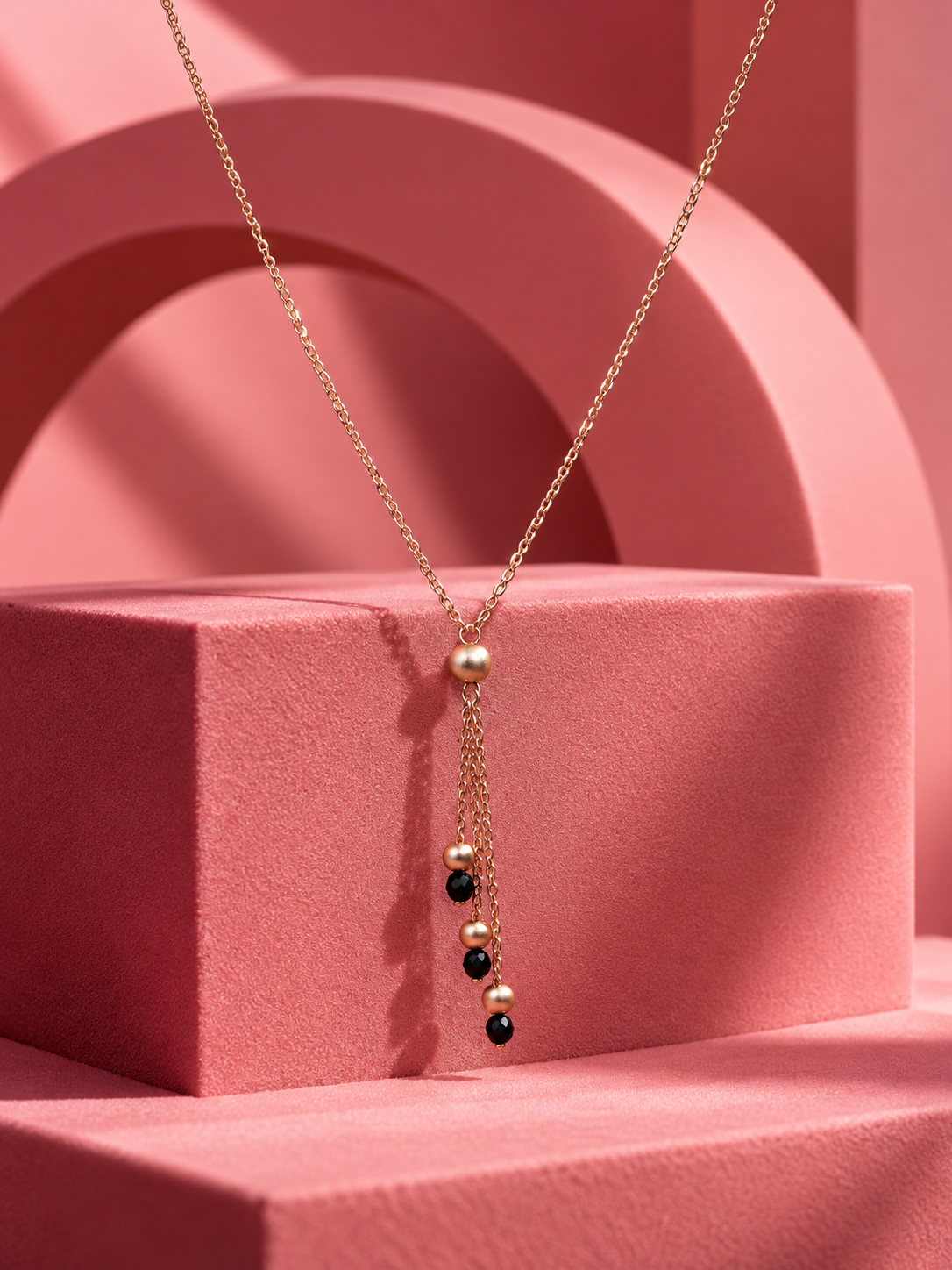 Elegant Rose Gold Pearl & Black Beads Tassel Drop Mangalsutra for Women