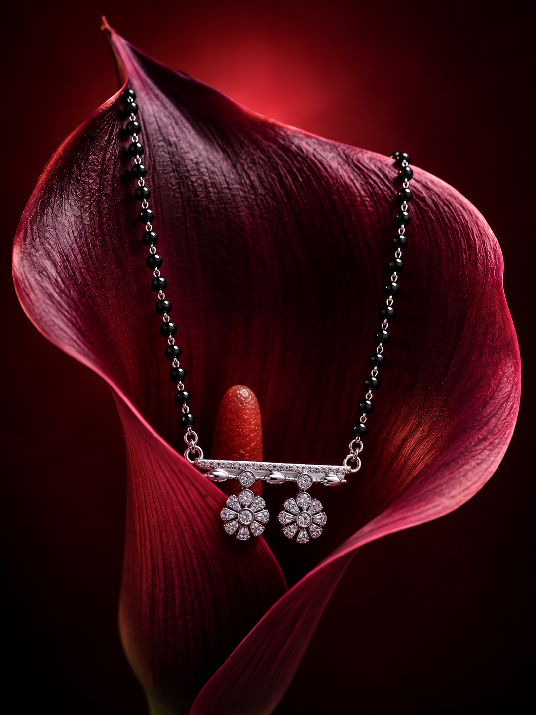 Double Strand Black Beaded Floral Pendant Mangal Sutra
