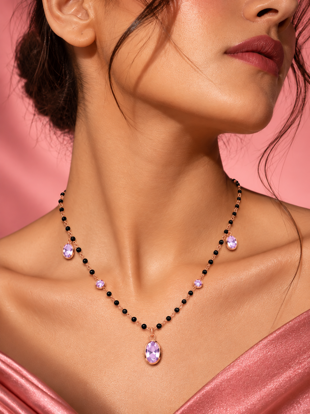 Elegant Rose Gold Pink Crystal Drop Black Beads Mangalsutra for Women
