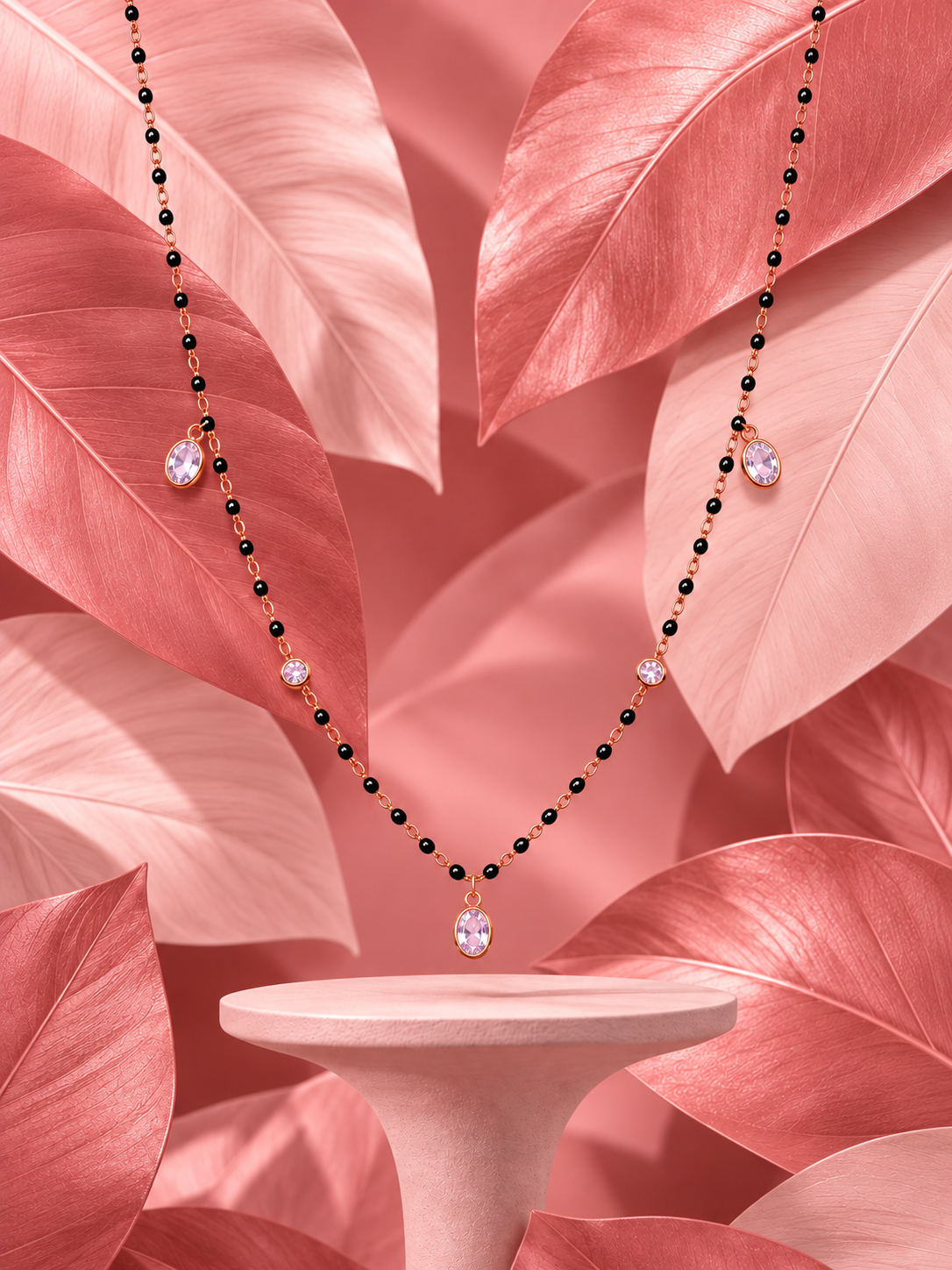Elegant Rose Gold Pink Crystal Drop Black Beads Mangalsutra for Women