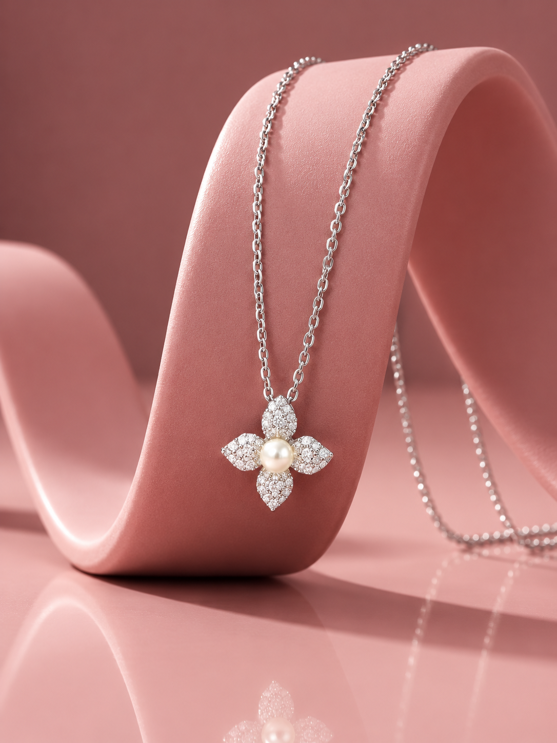 Elegant Pearl Floral 925 Silver Pendant Necklace