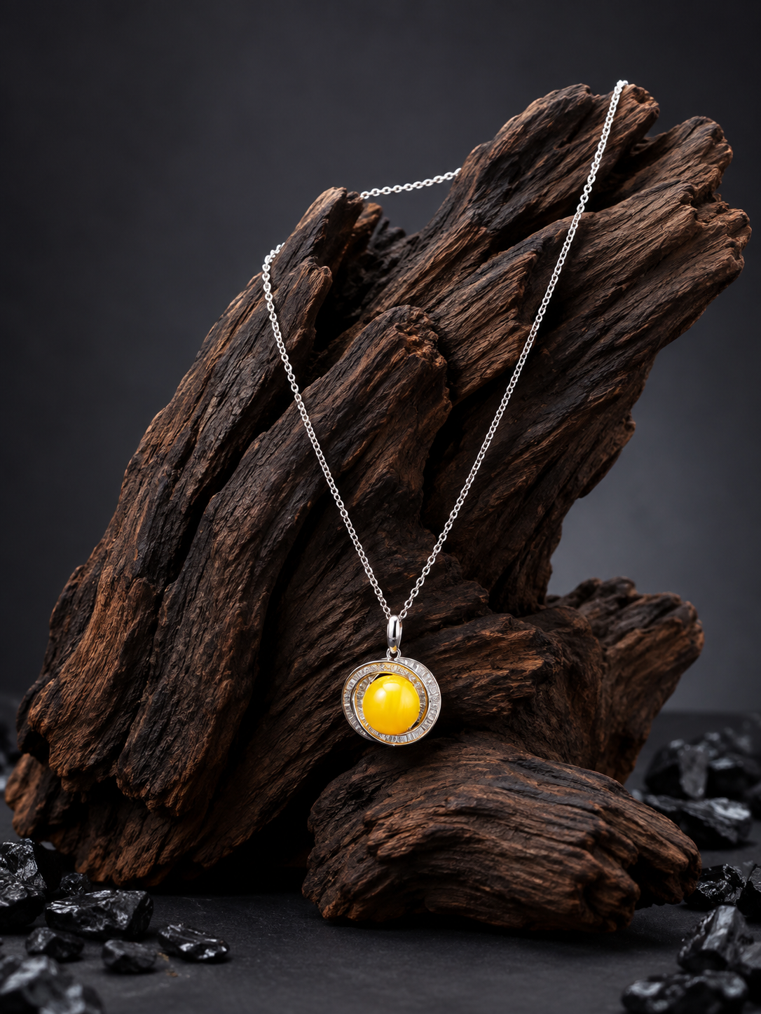 Yellow Stone Silver Pendant Necklace