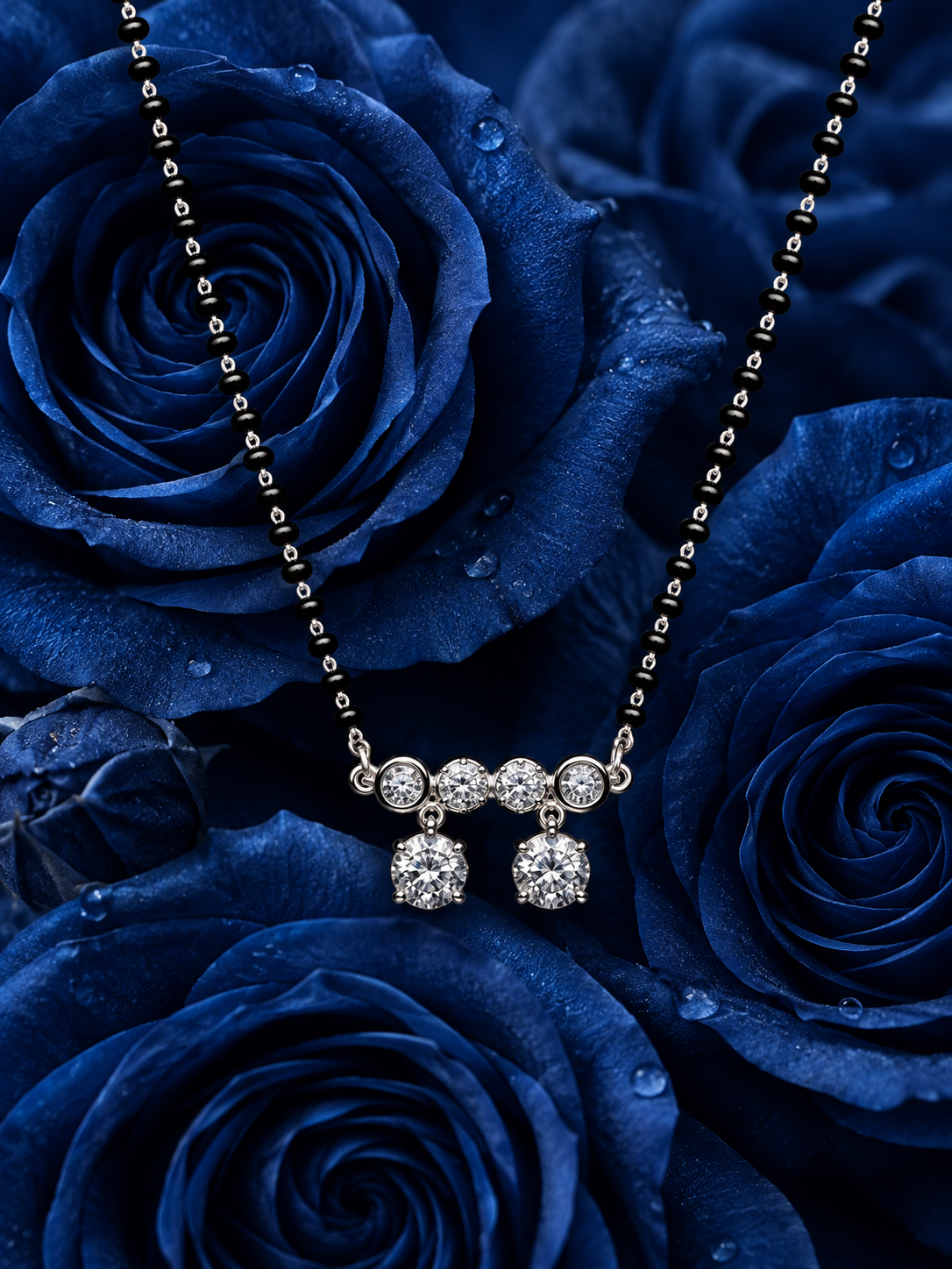 Black Beaded Silver Floral Mangal Sutra
